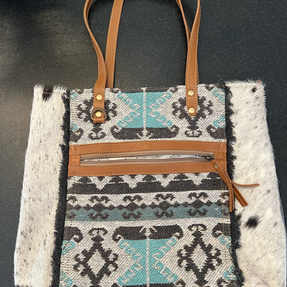 Myra Bag Tan and Blue Patterned Tote Isabela tote Western style 16x18